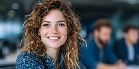 Fototapeta premium A young woman with curly hair and a bright smile looks confidently at the camera in an office setting.