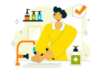 Sanitation Vector Illustration featuring People Cleaning Up Garbage and Disposing of it Properly and Washing Hands with Flat Style Cartoon Background