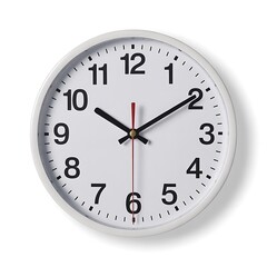 A simple white analog clock with black numbers and red second hand