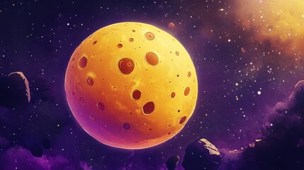 99.Creative cheese-inspired celestial body, cartoonish yellow planet with exaggerated holes and a soft purple ring, perfect for kids&acirc;&euro;&trade; space education