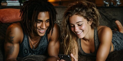A young couple lying on a sofa is looking at a smartphone screen and smiling in a relaxed manner.