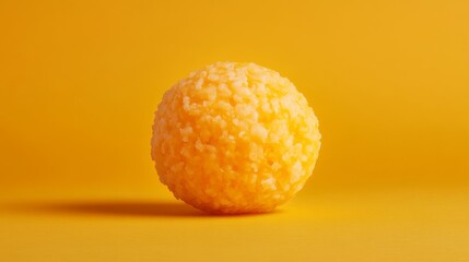 85.Isolated cheese snack ball with a vibrant yellow-orange hue, perfectly crisp outer shell, and light, airy composition