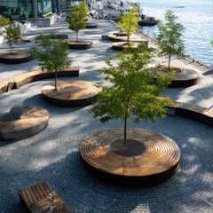 Sun-dappled waterfront plaza with circular benches surrounding young trees, paved with grey stone, offering tranquil seating near water