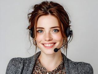 A cheerful young woman with red hair and freckles smiles while wea a headset for customer service.