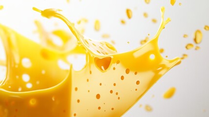 24.Detailed shot of cheese pieces appearing to hover, vibrant yellow tones, sharp textures, and holey surfaces contrasting against a white background