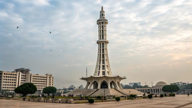 Minar e pakistan monument under a cloudy sky view