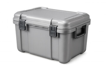 Grey plastic storage case with robust latches, reinforced handle, photographed in studio setting against transparent backdrop