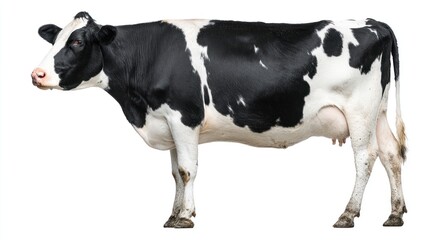 Upright black and white dairy cow standing in profile, clean body pattern with visible hooves and calm expression, isolated on pure white background, high-resolution farm image