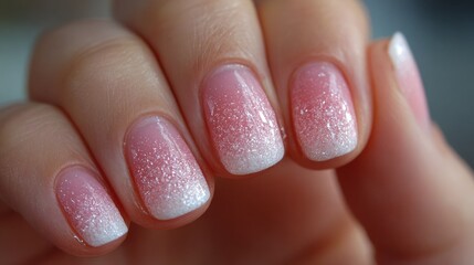 Close-up of manicured hands with a soft pink and white ombre nail design