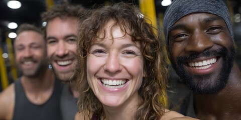 A diverse group of friends enthusiastically smiles at the camera in a vibrant fitness studio setting.