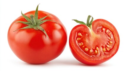 Whole ripe tomato with green stem next to a juicy tomato half, seeds and inner pulp clearly visible, isolated on pure white background, high-resolution food photography