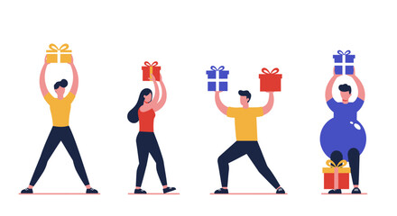 People Holding Colorful Gift Boxes Above Heads.