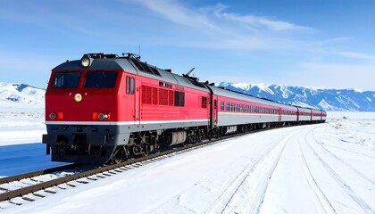 Fototapeta premium Red passenger train travels through a snowy winter landscape with mountains