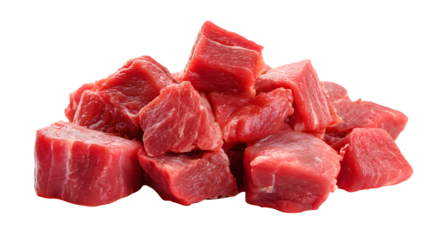 Fresh raw beef cubes, protein source for healthy eating, nutrition on transparent background