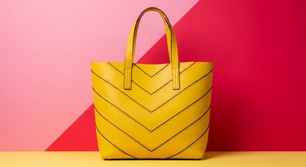 Vibrant yellow tote bag with chevron pattern on pink background