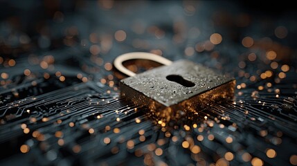 Digital security and data protection concept featuring a padlock over a circuit board with glowing bokeh lights, representing cybersecurity and privacy