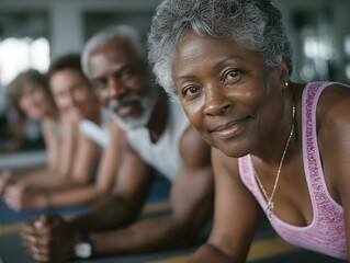 Diverse group of mature adults hold plank position together in a fitness class showing healthy active lifestyle.