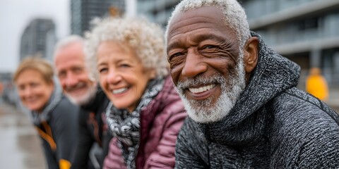 A group of happy active seniors smile as they take a break du their fitness walk outdoors together.