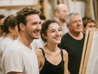 Obraz premium Two smiling art students look at a painting together in an art class filled with other students indoors.