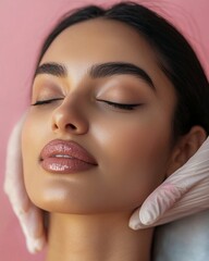 Closeup of a Indian woman receiving laser treatment flawless skin natural beauty expression clean isolated on a pastel background premium skincare and beauty portrait