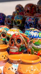 Colorful, hand-painted skulls and small clay pots displayed together