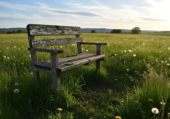 Rustic wooden bench nestled in a sunlit meadow filled with wildflowers and dandelions under a