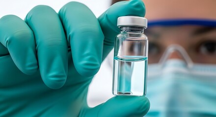 Teal gloved hand holding clear liquid vial medical vial