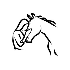 A gentle woman and horse sharing a loving bond, an elegant line art logo symbolizing connection and trust.