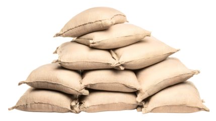 Stacked burlap sacks, pile of beige bags, storage and protection on transparent background