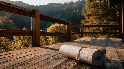 Rolled up yoga mat on a wooden deck overlooking a valley.
