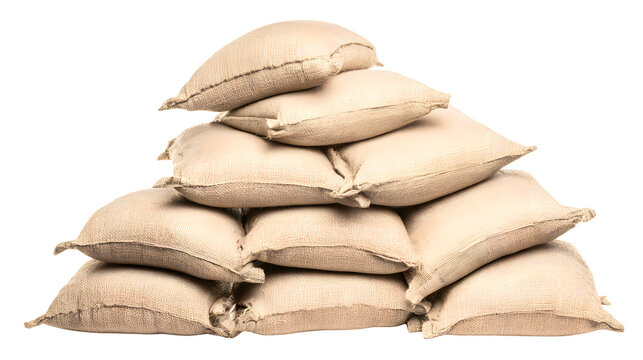 Stacked burlap sacks, pile of beige bags, storage and protection on transparent background