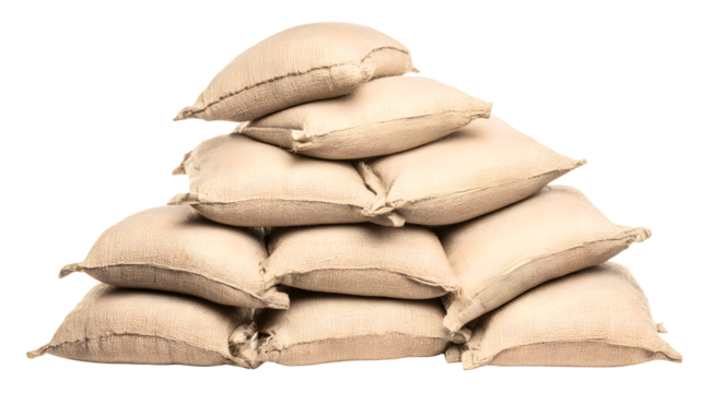 Stacked burlap sacks, pile of beige bags, storage and protection on transparent background