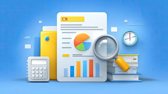 Analyze financial data with magnifying glass, charts, and calculator for strategic business decisions, perfect for reports and presentations in a modern office environment