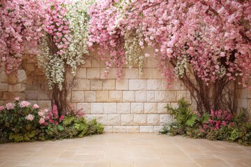 Fototapeta premium A stone wall backdrop adorned with cascading pink and white blossoms, lush greenery, and pink roses at the base, creating a romantic, floral scene