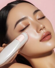 Closeup of a Japanese woman receiving laser treatment flawless skin natural beauty expression clean isolated on a pastel background premium skincare and beauty portrait