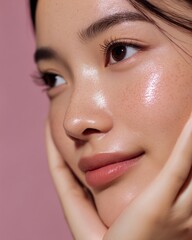 Closeup of a Japanese woman receiving Hydra facial flawless skin natural beauty expression clean isolated on a pastel background premium skincare and beauty portrait
