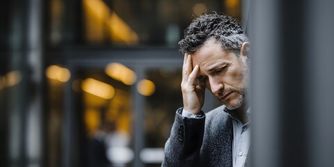 A pensive middle aged man with a concerned expression rubs his temple outside of a modern building.
