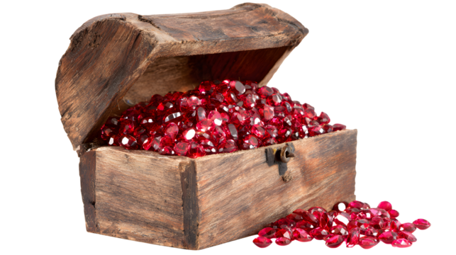 Wooden treasure chest overflowing with sparkling red rubies, wealth on transparent background
