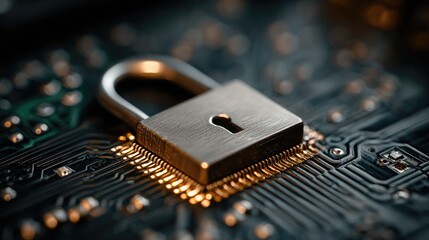Secure digital padlock overlaying circuit board symbolizing cybersecurity, data protection, and network safety in a modern world