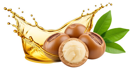 Shea nuts with golden oil splash isolated on a transparent background