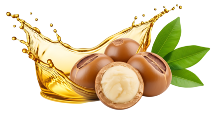 Shea nuts with golden oil splash isolated on a transparent background