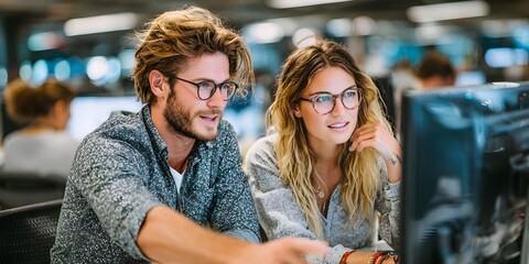 Two young colleagues collaborate and focus intently on a computer screen in a modern office setting.
