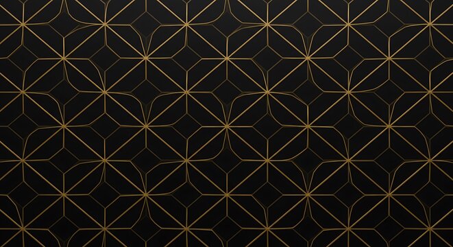 Elegant and sophisticated abstract background featuring a seamless geometric pattern in luxurious golden lines on a deep black texture, perfect for modern design concepts.