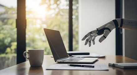 Robotic hand reaching for laptop on desk robot arm