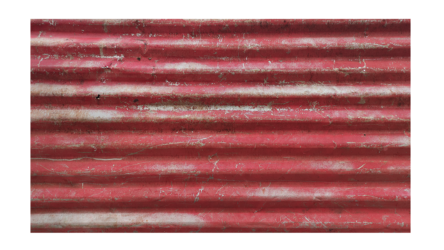 Red corrugated iron sheet metal background forming a construction fence on transparent background