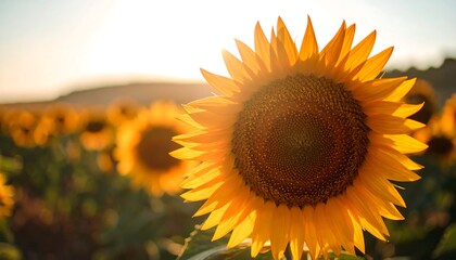 Obraz premium Radiant sunflower field under golden sunset light, floral summer landscape