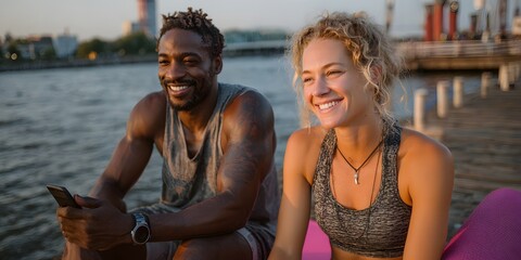 After workout, diverse couple sits smiling and looking away by water with a phone in the man's hand.