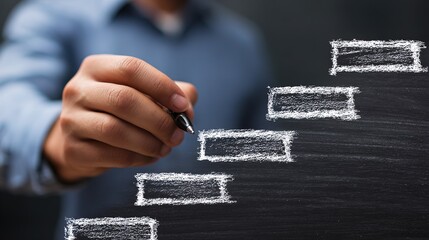 Chalk-drawn stairs on blackboard symbolizing growth progress, abstract figure holding pen in background for business strategy, personal development or educational metaphor. Minimalist hand-drawn