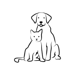 Line Art of a Loyal Dog and a Curious Cat Sitting Together as Best Friends, Symbolizing Companionship and Unconditional Love