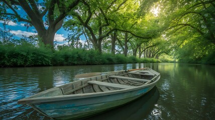 Obraz premium Serene Rowboat on Tranquil Green Canal Under Sunlight